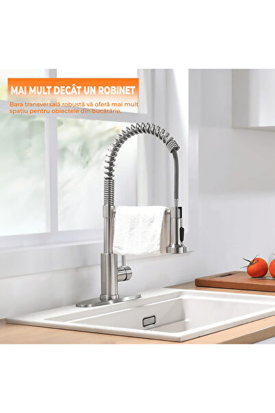 Elindor Baterie chiuvetă bucătărie cu duș extractibil, monocomandă, gură înaltă, 360°, oțel inoxidabil, argintiu