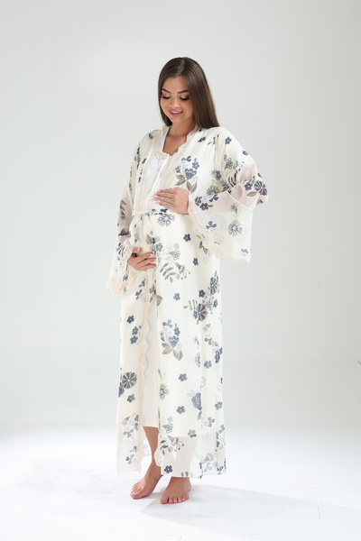 Lohusa Homewear Kadın Lacivert Volanlı Özel Tasarım Desenli Tam Boy Lohusa Ha...