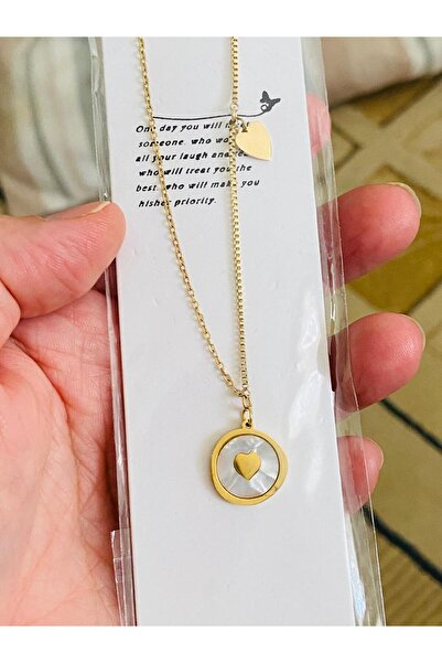 Sedefli ve sallantılı kalp figürlü çelik kolye