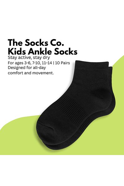 turtees Kids Ankle Socks, Soft Fabric, Ages ranging 3-14, 10 or 20 Pairs, Black or White, Moisture Control