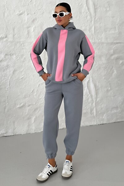 MODAGEN Women's Smoked Hooded Sleeve and Chest Thick Striped Bottom-Top Tracksuit Set