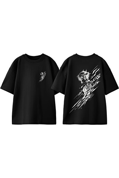Anetos تي شيرت ساموراي جيرل بتصميم ظهر مطبوع من القطن باللون الأسود مقاس كبير