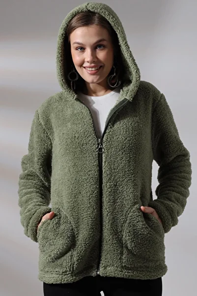 hazelin Women's Khaki Welsoft Stretch Fabric Plush Yumoş Front Zip Hooded Jacket Hzl23W-Dsb110081