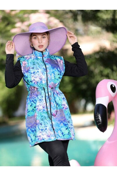 SWAN.AE Burkini, 3 pieces, Jumpsuit, sleeveless jacket, Zipper, Hidden Belt, cap, Polyester, Lycra