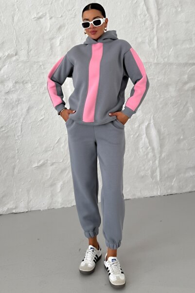 MODAGEN Women's Smoked Hooded Sleeve and Chest Thick Striped Bottom-Top Tracksuit Set