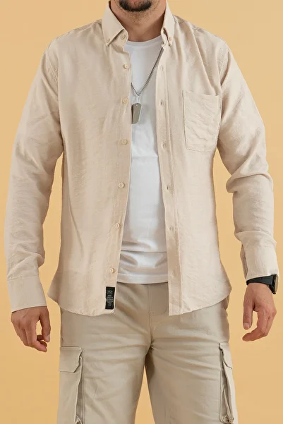 Souris Men's Stone Color Slim Fit Slim Fit Viscose Linen Shirt