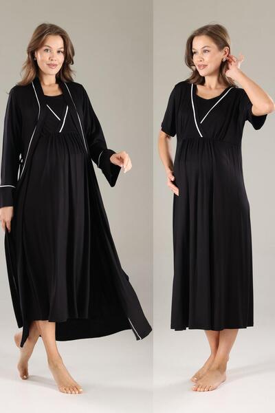 Lohusa Homewear Kadın Siyah Özel Tasarım Biyeli Kısa Kollu Lohusa Hamile Saba...