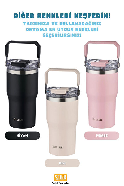 DILLER 620ml Yeni Koleksiyon Tumbler Pipetli/Pipetsiz Kullanım Kulplu Paslanmaz Çelik Termos
