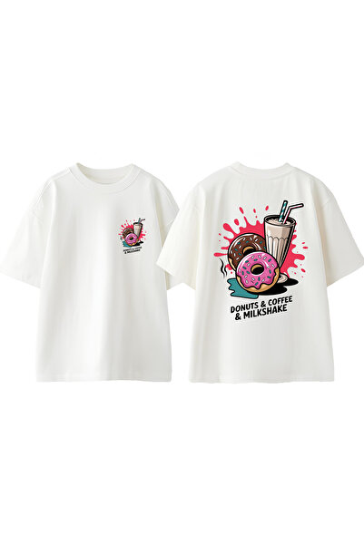 Anetos Tricou Donuts Coffee Design Back cu imprimeu Cotton White supradimensionat