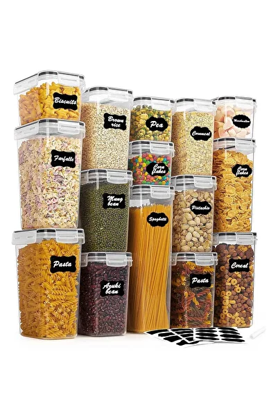 Elindor Set of 15 Kitchen Containers, Food Storage, Airtight, BPA Free, with 24 Reusable Labels, Transparent