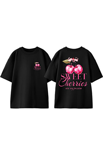 Anetos Tricou oversized negru din bumbac cu design Sweet Cherries pe spate