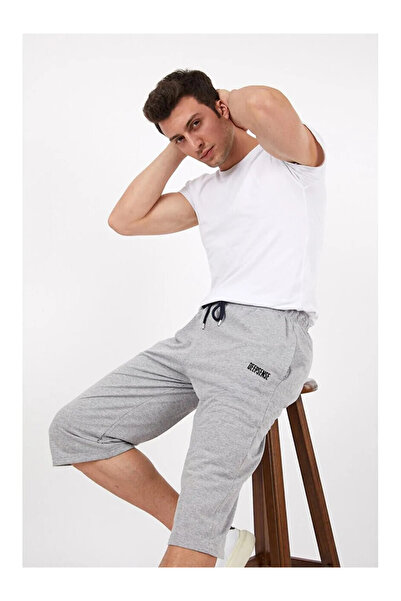 Deep sense Erkek Gri Diz Altı Uzun Cepli Penye Şort & Bermuda Kapri Yazlık Pamuklu Slim Fit Baskılı