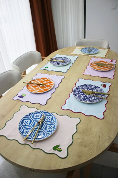 ASDİVA Juvi Colorful Fruit Embroidered Wavy 6-Piece Placemat Set 30X45 cm Kitchen Tableware