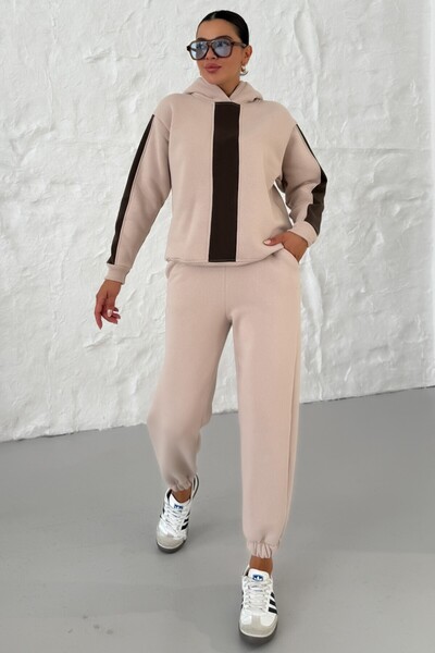 MODAGEN Women's Beige Hooded Sleeve and Chest Thick Striped Bottom-Top Tracksuit Set