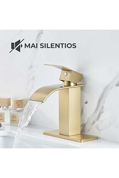 Elindor bathroom faucet, brushed gold finish, modern, waterfall type, one handle, for sinks