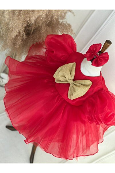 Hobidik Baby Girl Child Red Gold Bow Fluffy Special Occasion Dress