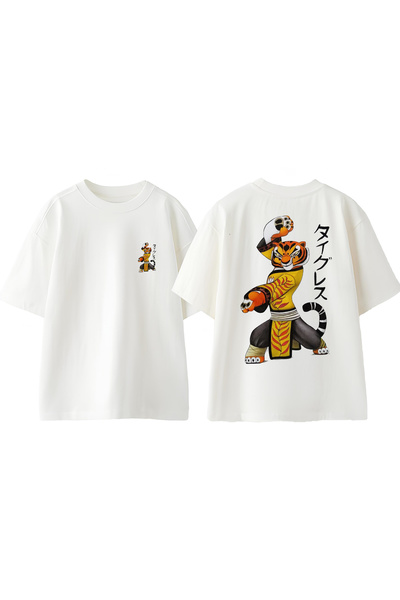 Anetos تي شيرت قطني أبيض كبير الحجم مطبوع عليه تصميم ساموراي تايجر