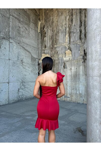 Modafeminen One Sleeve Skirt Ruffle Scuba Dress 581785 Red