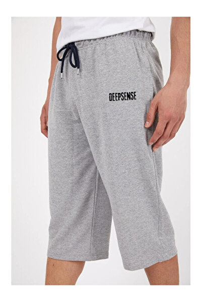 Deep sense Erkek Gri Diz Altı Uzun Cepli Penye Şort & Bermuda Kapri Yazlık Pamuklu Slim Fit Baskılı