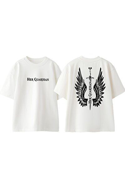 Anetos Her Guardian Design Back Printed Cotton White Oversize t Shirt