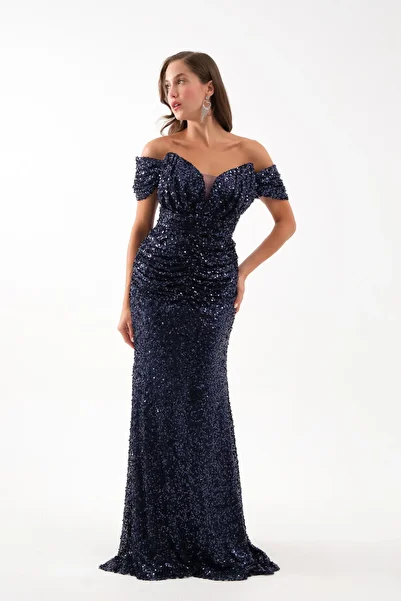 Lafaba Women's Navy Blue Boat Neck Short Sleeve Sequined Long Evening Dress