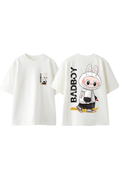 Anetos Bad Boy Design Sırt cu imprimeu bumbac Alb supradimensionat Tricou