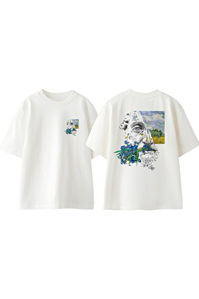 Anetos Tricou Oversized Alb din Bumbac cu Imprimeu pe Spate Design Flowwers S...