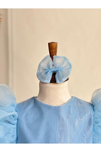 Hobidik Kız Bebek Çocuk Mavi Organze Fiyonklu Çocuk Elbise