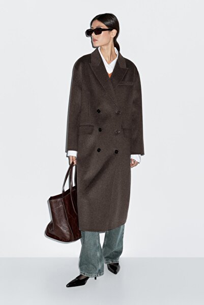 Massimo Dutti Uzun yün karışımlı kruvaze kaban