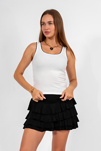 Oq Pack of 2 White/Green Embroidery Detail 100% Cotton Thick Strap Bluz