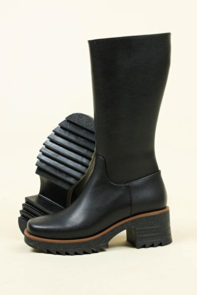 Birikon Kalın Topuk Cilt Yarım Çizme SİYAH