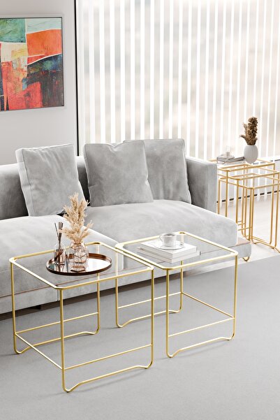 Catchme Orta Sehpa Salon Oturma Odası İkili Kare Gold