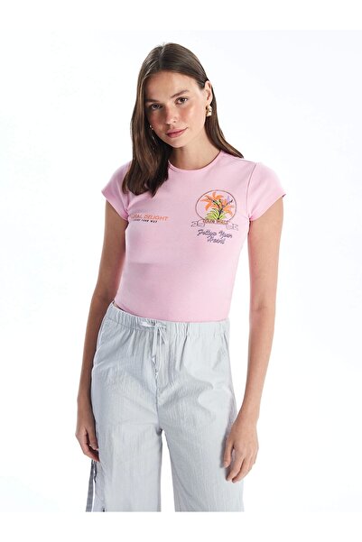 LC Waikiki XSIDE قميص نسائي قصير الأكمام مطبوع برقبة دائرية وردي