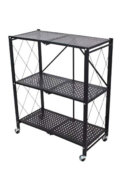 Generic رف تخزين قابل للطي بثلاث طبقات وعجلات، أسود، 34×71×85 سم