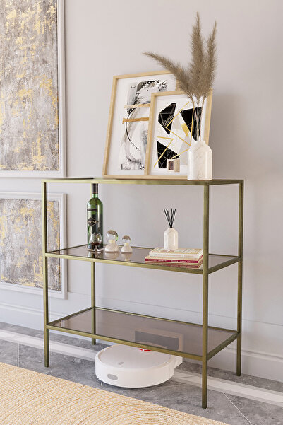 Dekoport Metal Dresuar Kahve Köşesi Prinç Eskitme Rengi Metal, Temperli Kırılmaz Bronz Cam