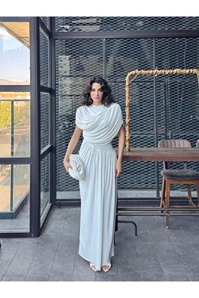 LOCH BUTİK Women's White Shirred Draped Maxi Dress