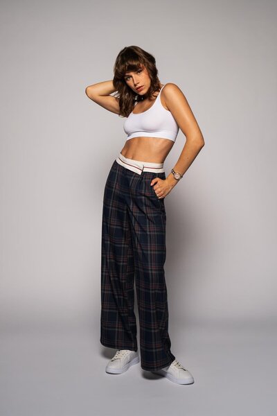 Thalure Kadın Lacivert Kontrast Kemerli Bordo Ekoseli Pantolon