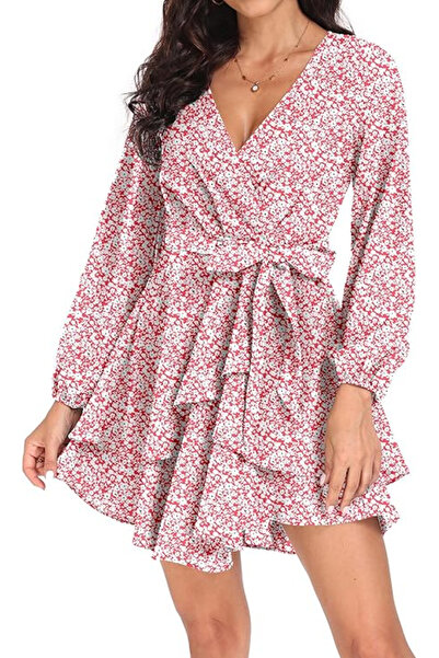 OEM White dress with red flowers, above the knee, long sleeves, size L