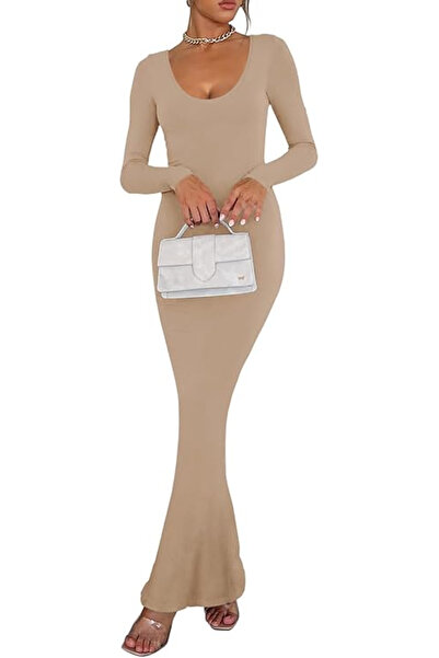 OEM Elastic, fitted, long dress, with long sleeves, Brown, XL