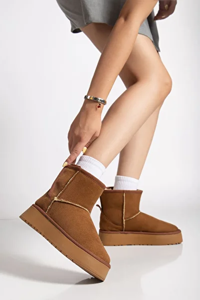 Hayalimdeki Ayakkabı Mini Velcro Tan Suede Ankle Boots with Hairy Flat Sole Women's Shoes