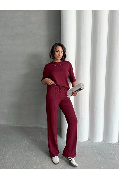 URİS Γυναικείο μπορντό μαλακό ύφασμα κοντομάνικο παντελόνι μπλούζα κάτω επάνω...