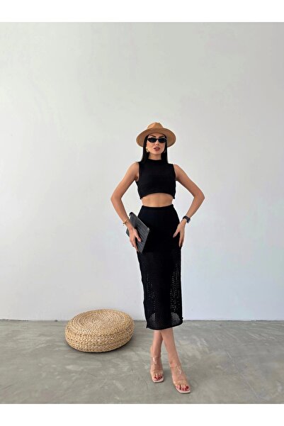 URİS Γυναικείο Μαύρο Σετ Καλοκαιρινό Πλεκτό Μπλουζάκι με Φούστα