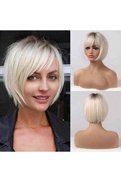 WildFashion Silver blonde wig with balayage and bob style with bangs on one side PER96-9999