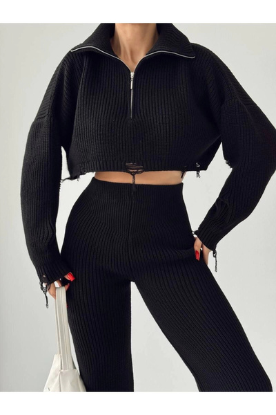 Lusin Fekete Crop pulóver és nadrág szett - félcipzáras, állógallér, vastag kötöttáru