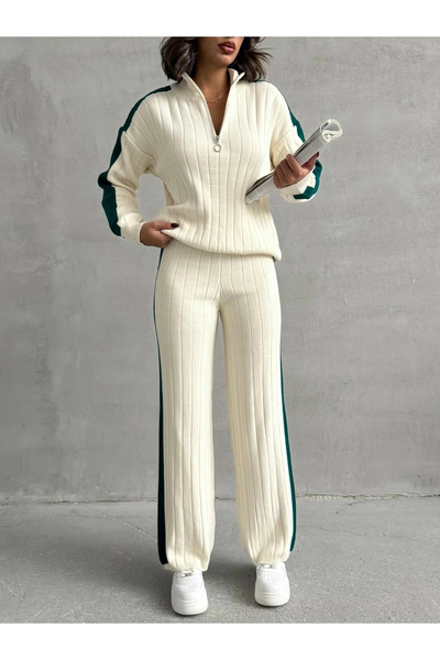 URİS Set de tricotaje din două piese pentru femei, cu dungi elegante, pulover ecru, pantaloni Palazzo