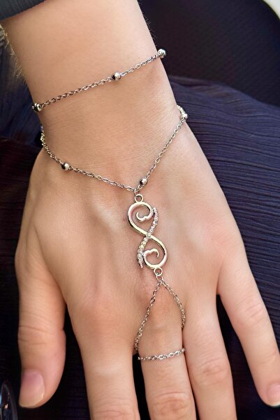 TAKIŞTIR Silver Color Infinity Figured Stone Detailed Steel Shahmeran