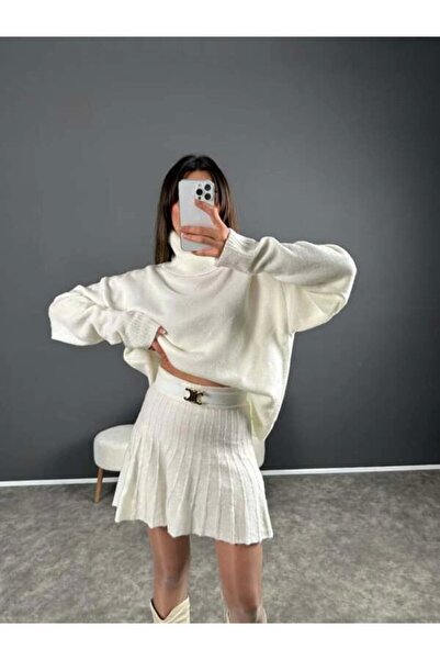 URİS Fustă de damă cu gât țesut Oversize Pulover fustă dublu Set de tricotaje