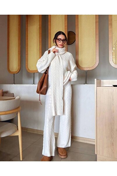 URİS طقم نسائي من 3 قطع من البلوزات والأوشحة المضفرة باللون البني الفاتح