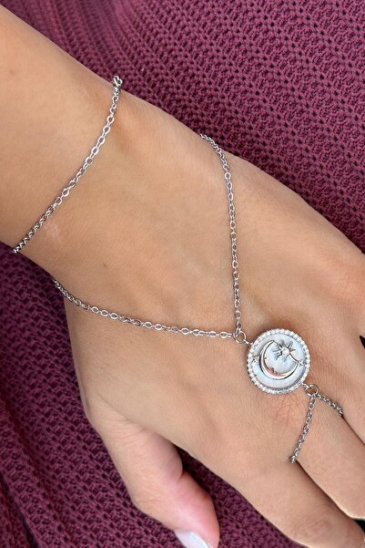 TAKIŞTIR Silver Color Moon and Star Figured Stone Detailed Steel Shahmeran