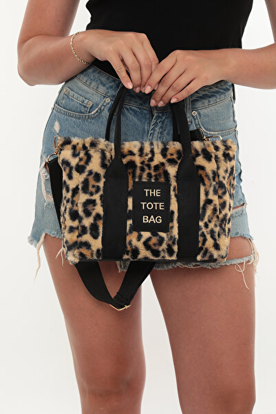 besmoda Siyah Kadın Peluş Leopar Desen Tote El Omuz Çapraz Çanta